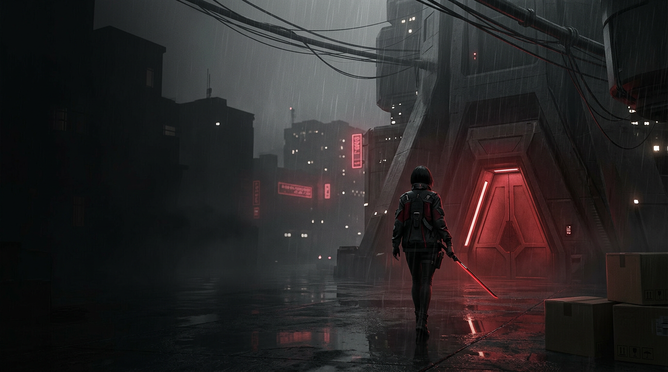 A lone courier with a red-lit sword faces a rain-soaked futuristic city.
